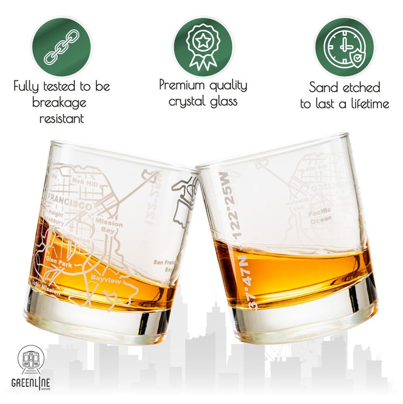 Greenline Goods Whiskey Glasses - 10 Oz Tumbler Gift Set for San Francisco lovers, Etched with San Francisco Map | Old Fashioned Rocks Glass - Set of 2 - Image 3